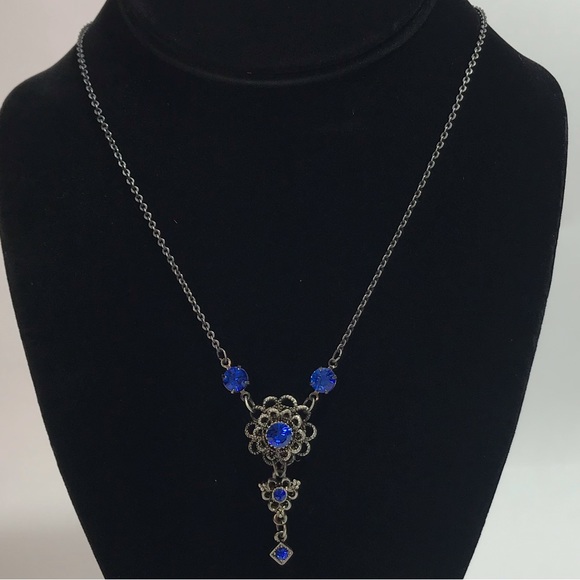 Retro Cobalt Blue Silver Tone Metal Floral Victorian Style Bridal Necklace - Picture 4 of 8